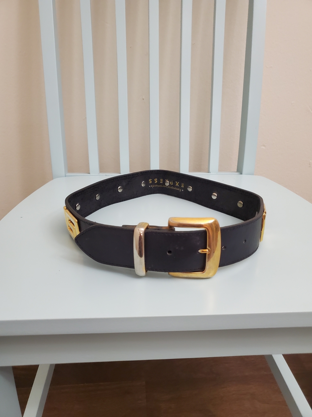 Express Womens Waist Black Leather Belt with Gold Buckle